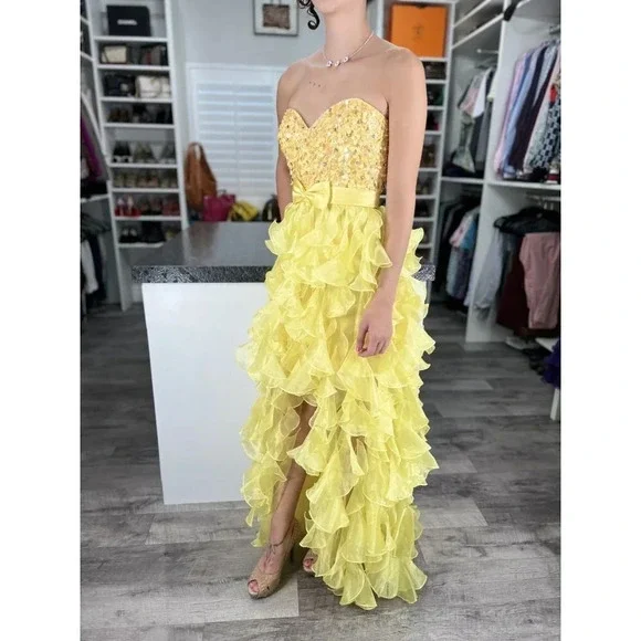 Sherri Hill Yellow Ruffle Organza Strapless Formal Gown $358
